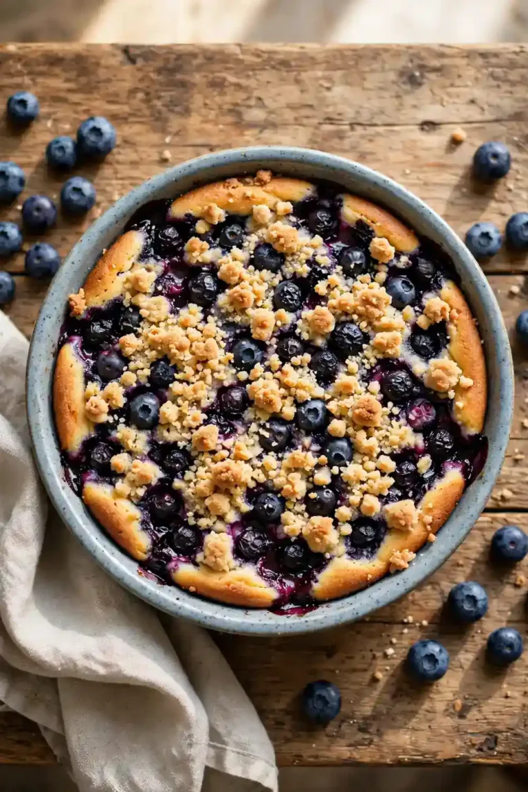 Blueberry crumb cake with classic streusel topping in a round dish