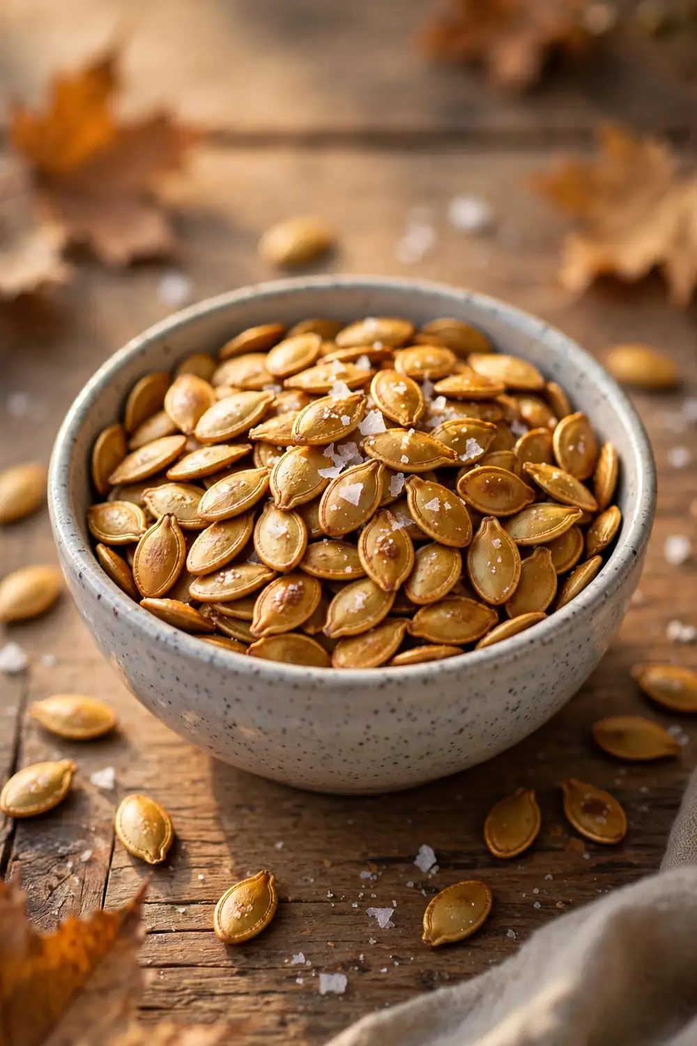 Bowl of golden roasted pumpkin seeds with flaky sea salt, wooden table, warm autumn light, close-up centered bowl with space around it.