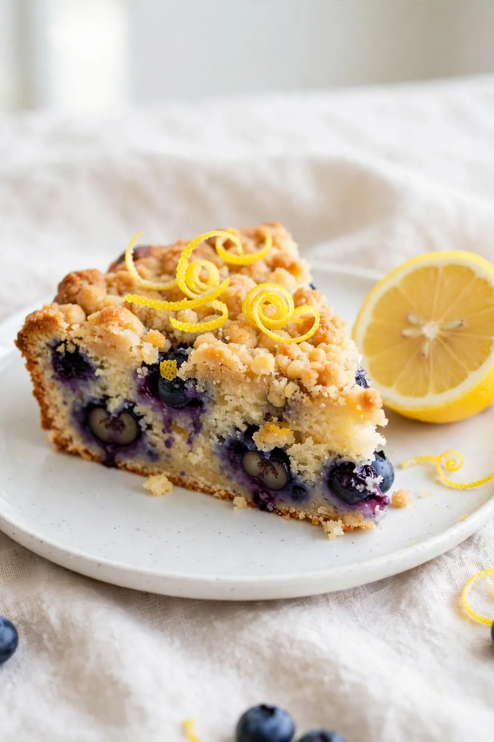 Blueberry crumb cake slice with lemon zest on a white plate