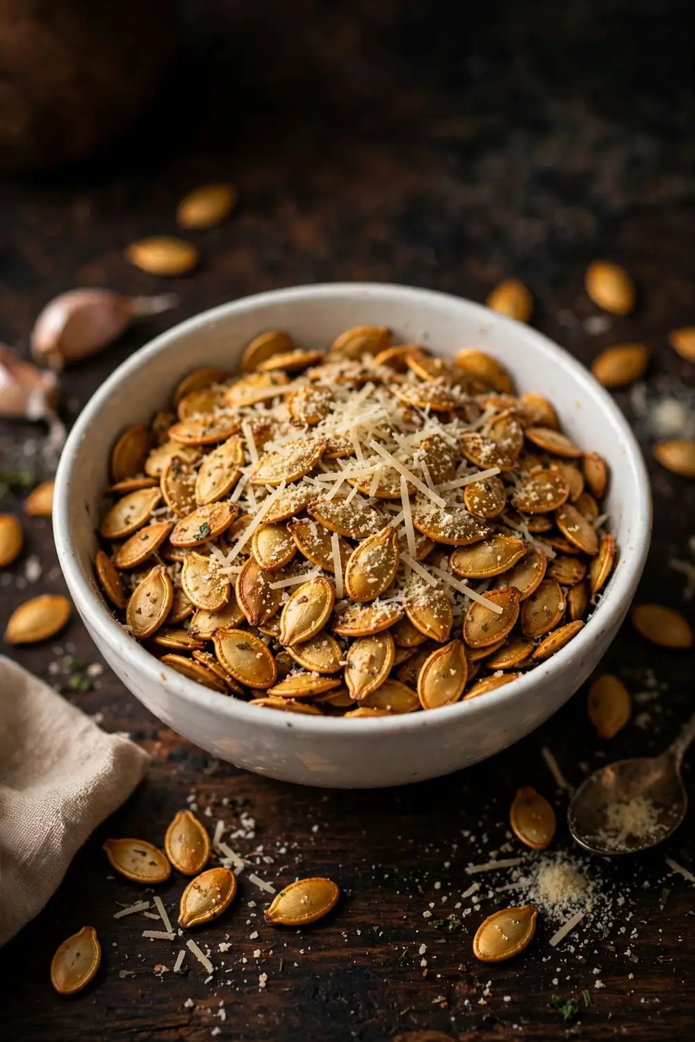 Roasted pumpkin seeds with grated parmesan and garlic powder, white bowl, dark table, warm lighting, centered bowl.