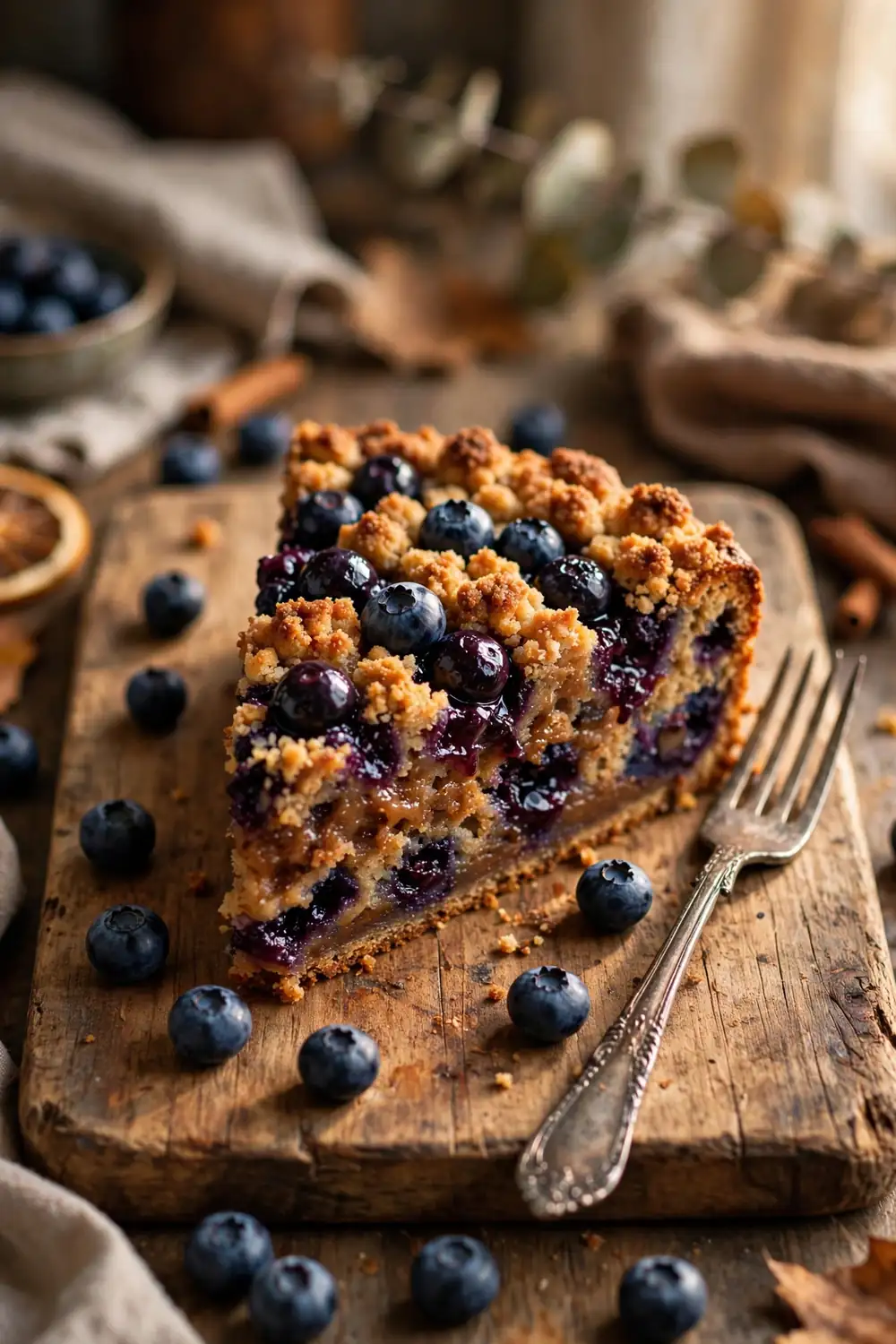 Blueberry crumb cake slice with brown butter base on a wooden board