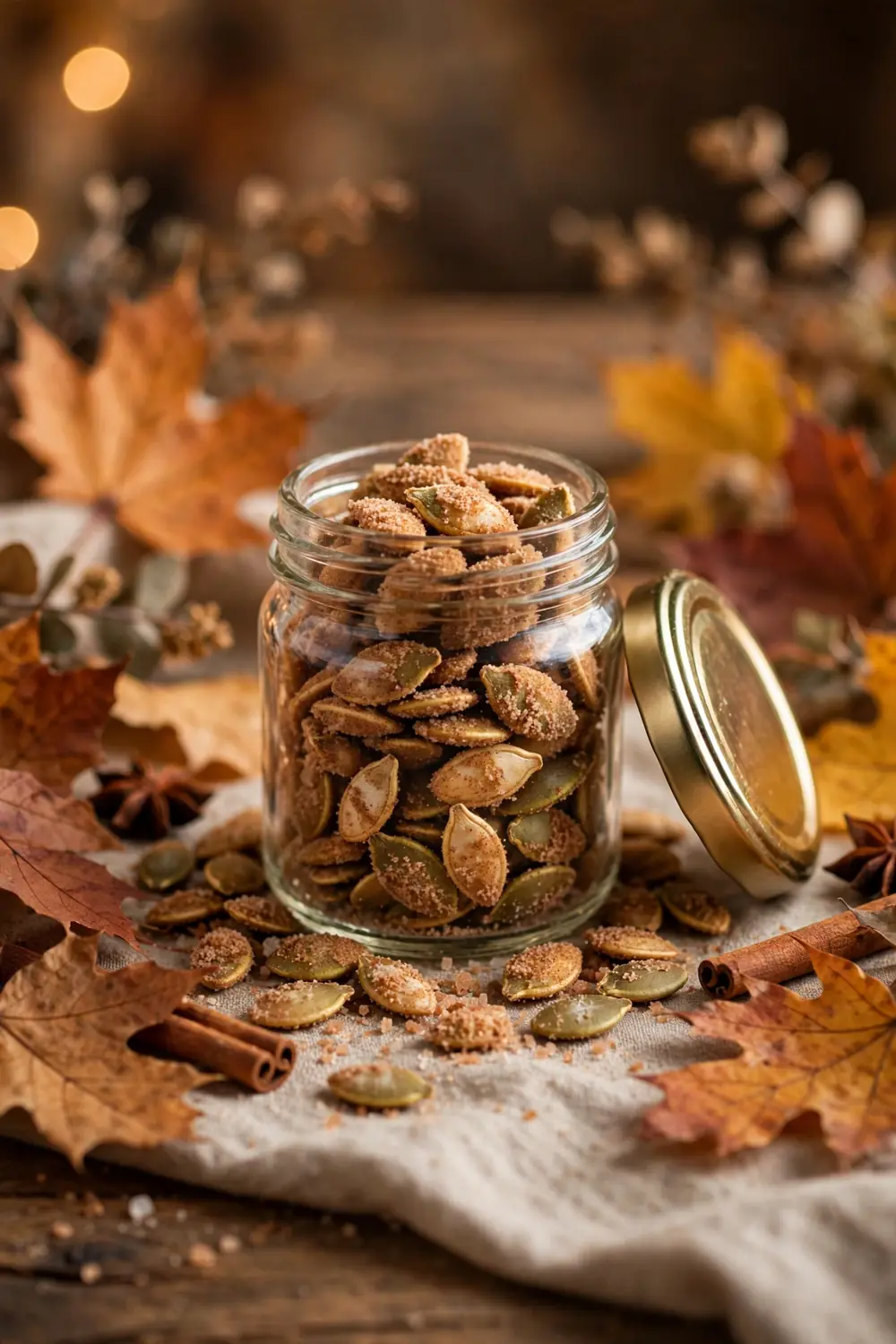 Pumpkin seeds coated in cinnamon sugar, small glass jar, autumn leaves, warm lighting, centered jar.