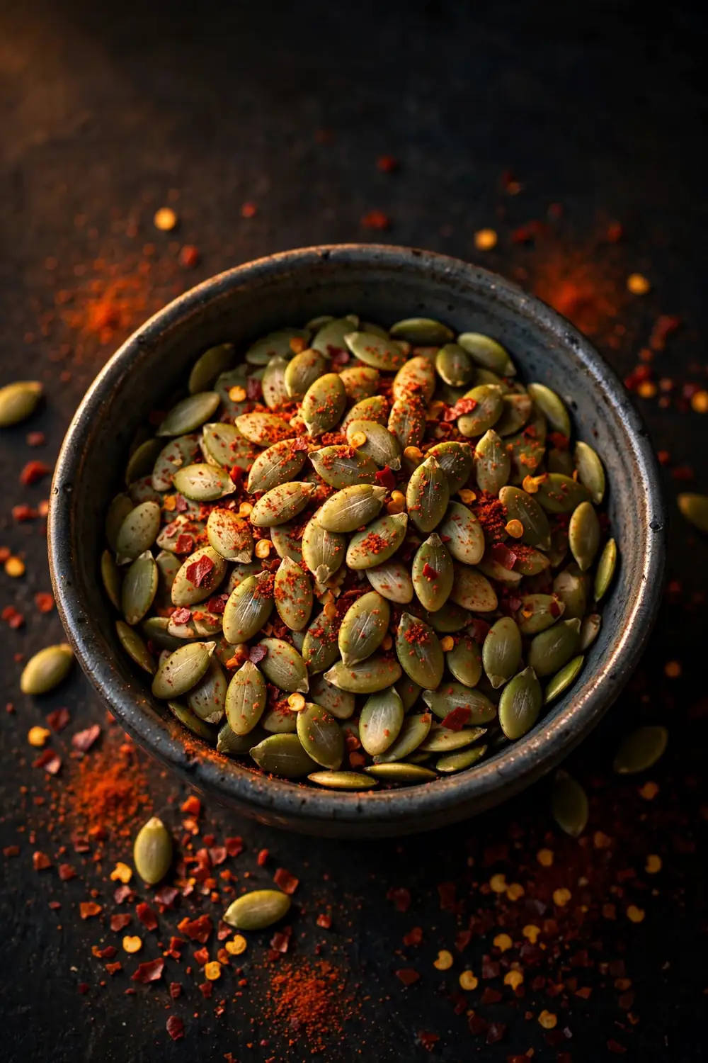 Bowl of pumpkin seeds with chili powder and cayenne, red pepper flakes, dark background, warm light, centered bowl.