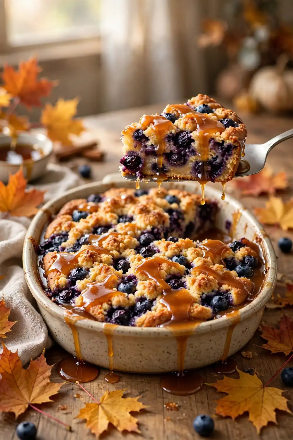 Blueberry crumb cake with maple glaze drizzle