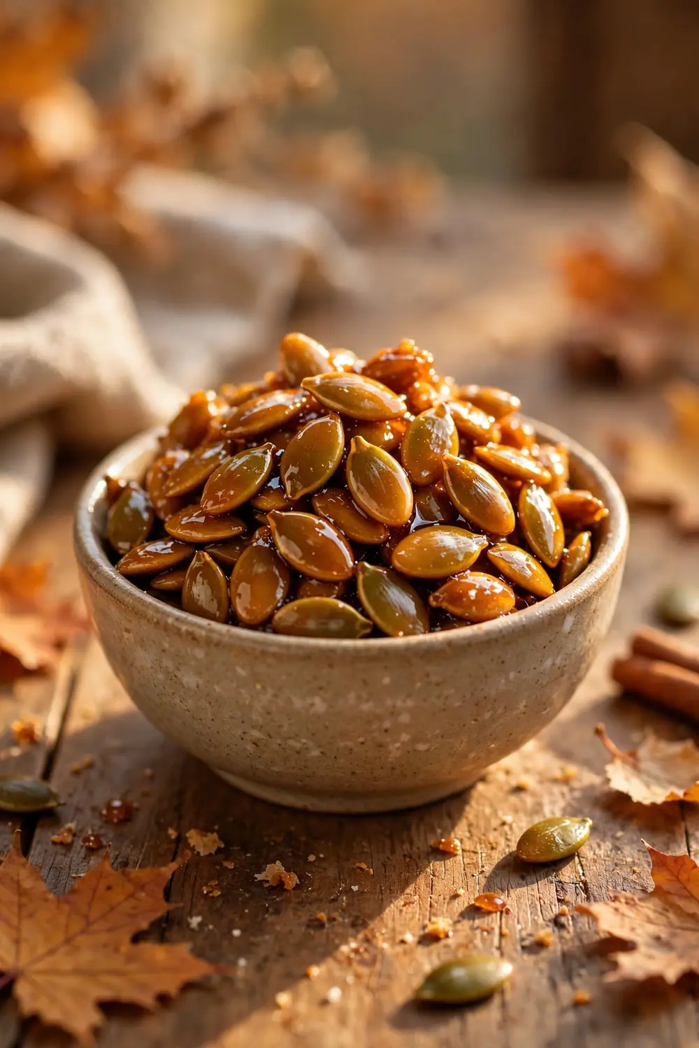 Pumpkin seeds with maple glaze, sticky shine, small bowl, wooden table, warm autumn light, centered bowl.