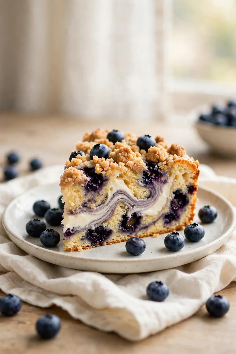 Blueberry crumb cake with cream cheese swirl slice