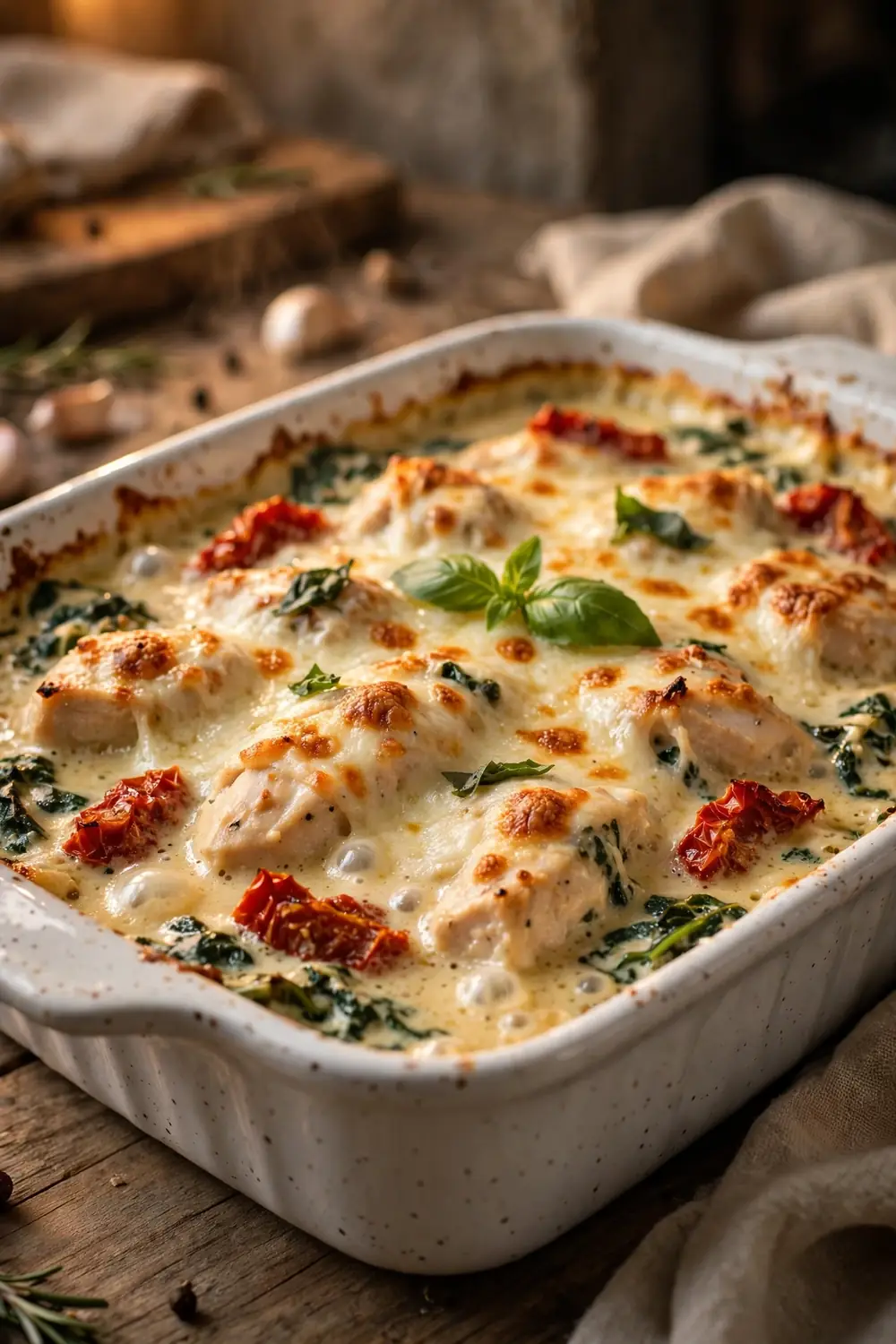 Creamy Tuscan chicken bake, a cozy chicken dinners casserole