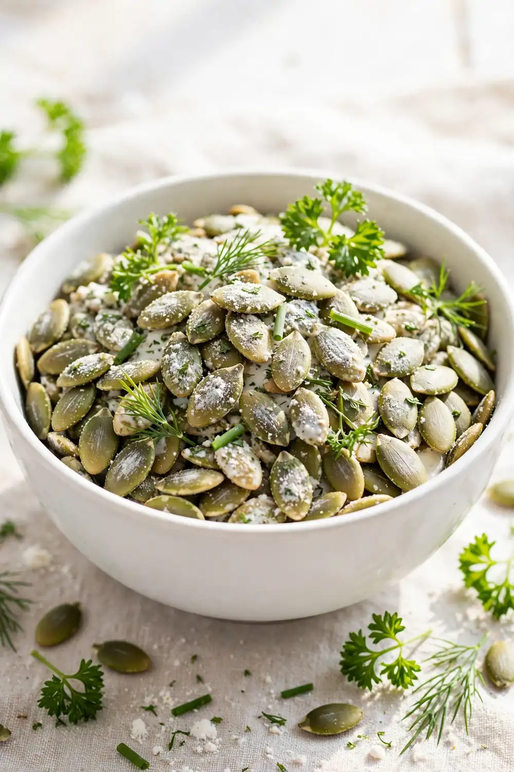 Pumpkin seeds seasoned with ranch powder, herbs, white bowl, green garnish, bright lighting, centered bowl.