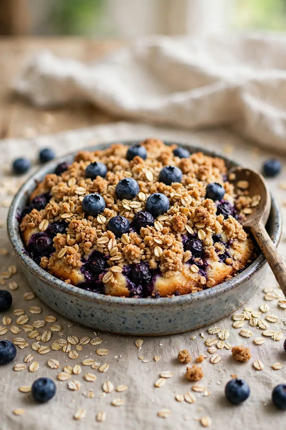 Blueberry crumb cake with oatmeal streusel topping