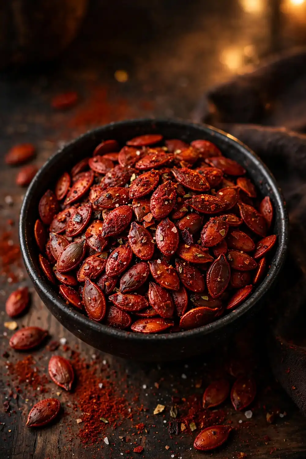 Pumpkin seeds with smoked paprika, deep red color, dark bowl, warm lighting, centered bowl.