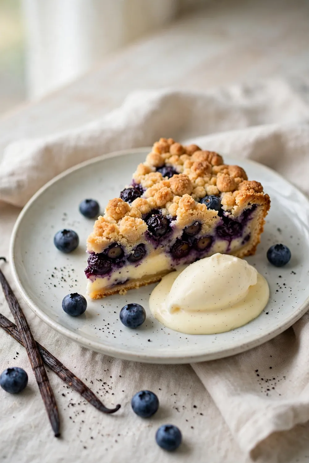 Blueberry crumb cake with vanilla bean custard layer