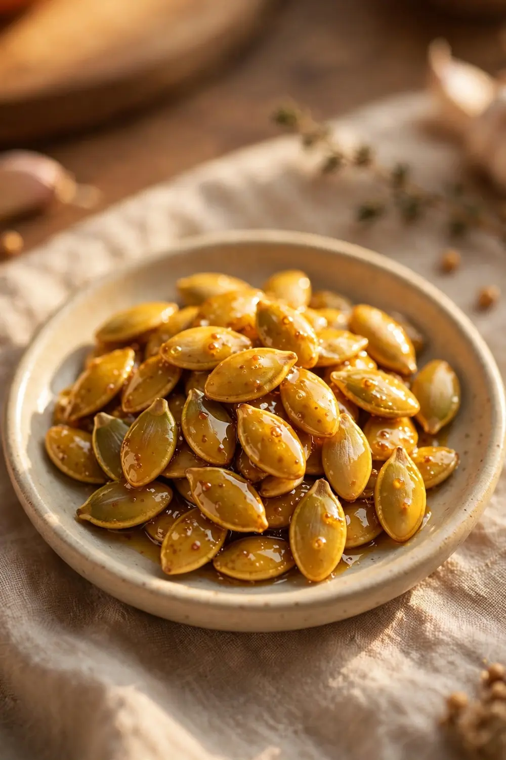 Pumpkin seeds with honey mustard glaze, golden color, small dish, warm lighting, centered dish.
