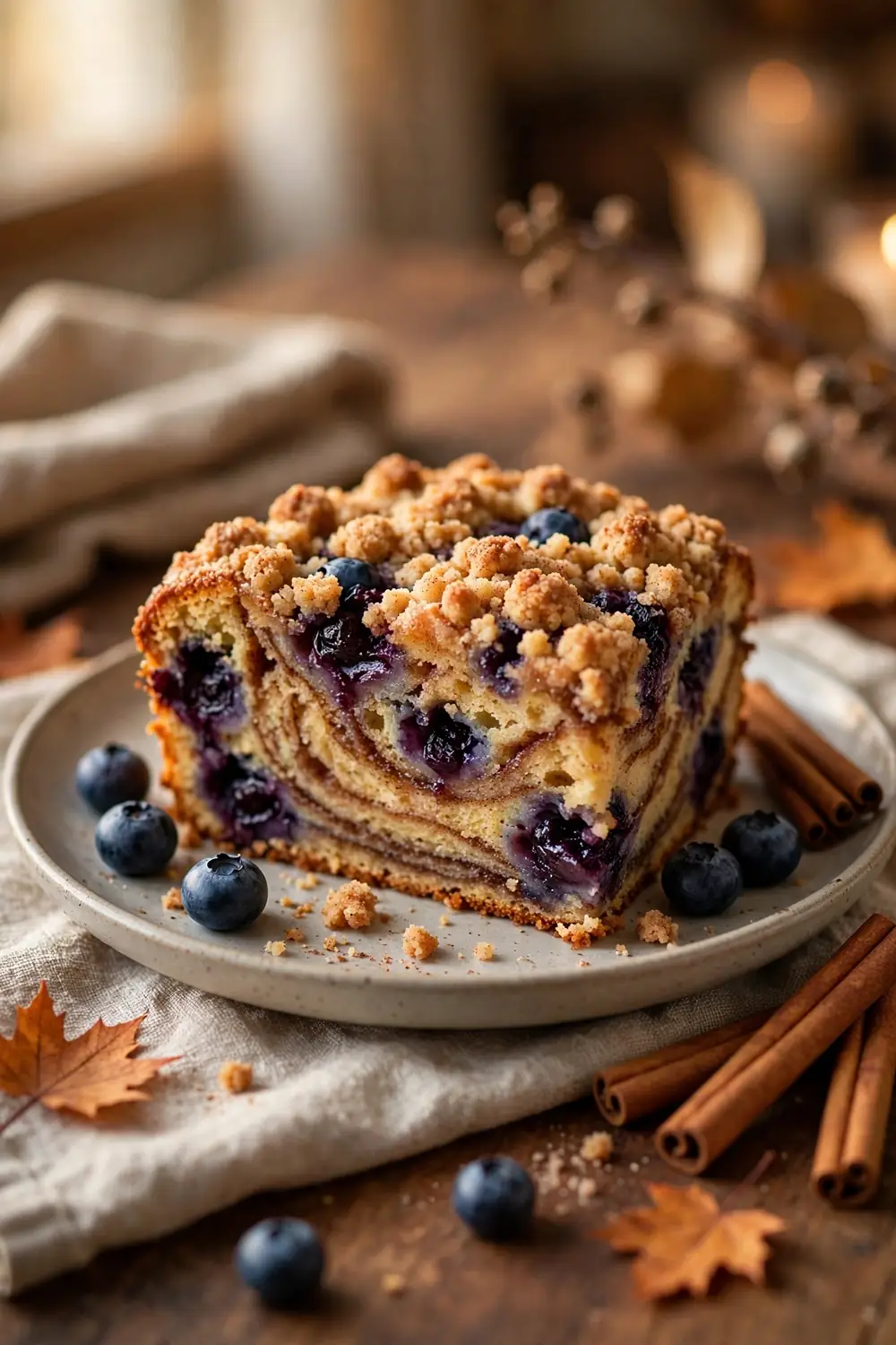 Blueberry crumb cake with cinnamon sugar ripple slice