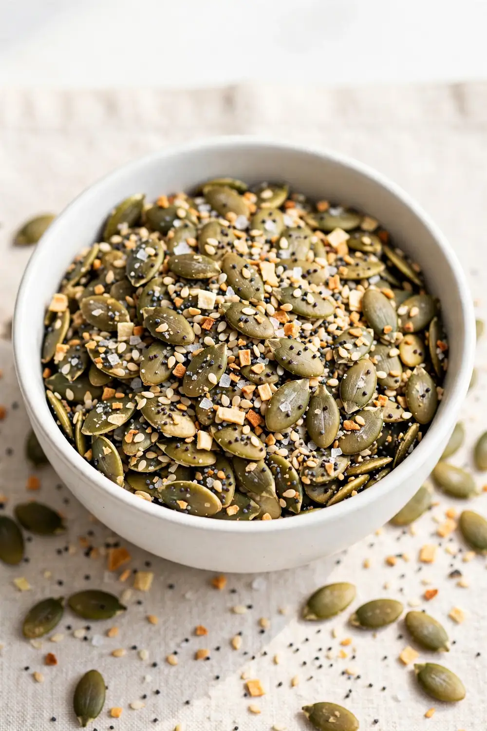 Pumpkin seeds with everything bagel seasoning, sesame seeds, poppy seeds, white bowl, bright light, centered bowl.