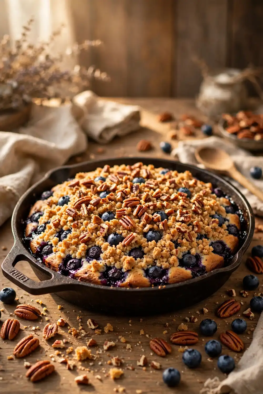 Blueberry crumb cake with toasted pecan topping in a skillet