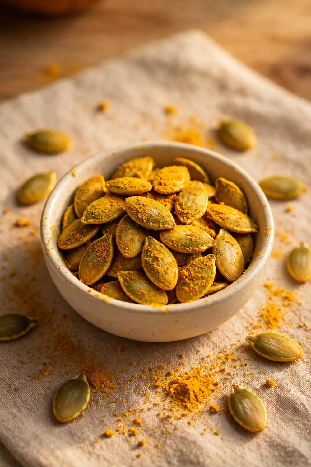 Pumpkin seeds with curry powder, turmeric, golden yellow color, small bowl, warm lighting, centered bowl.