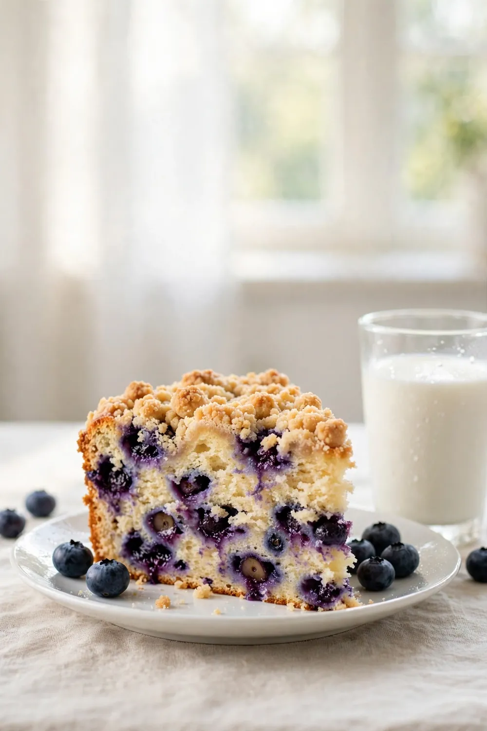 Blueberry crumb cake slice with buttermilk tender crumb