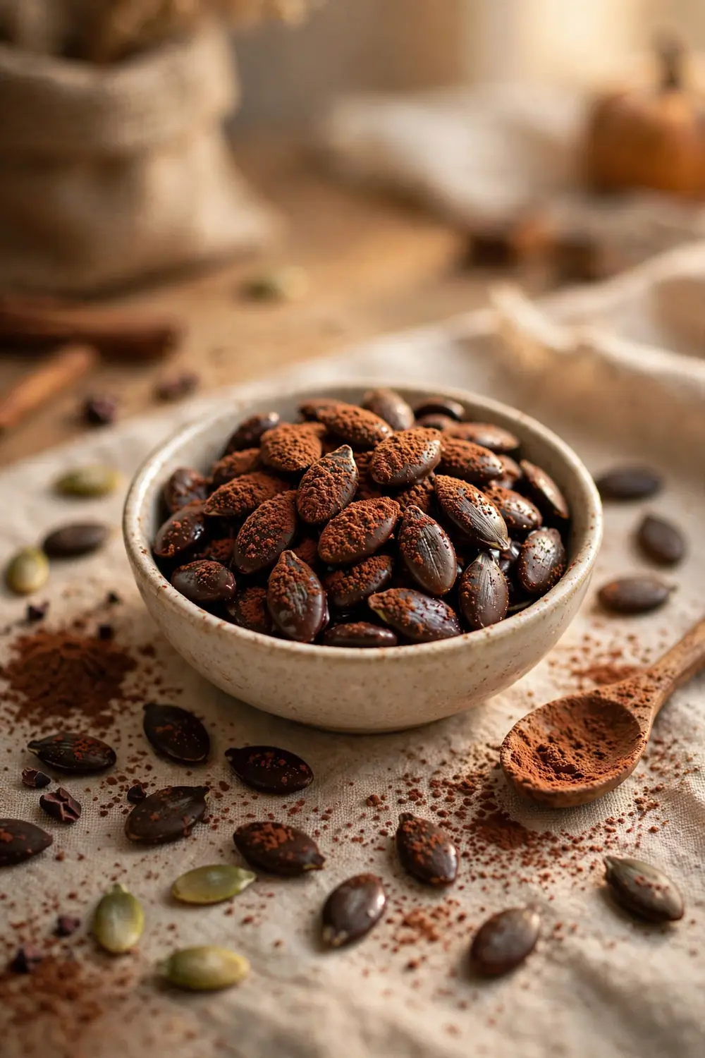 Pumpkin seeds coated in dark chocolate, cocoa powder, small bowl, warm lighting, centered bowl.