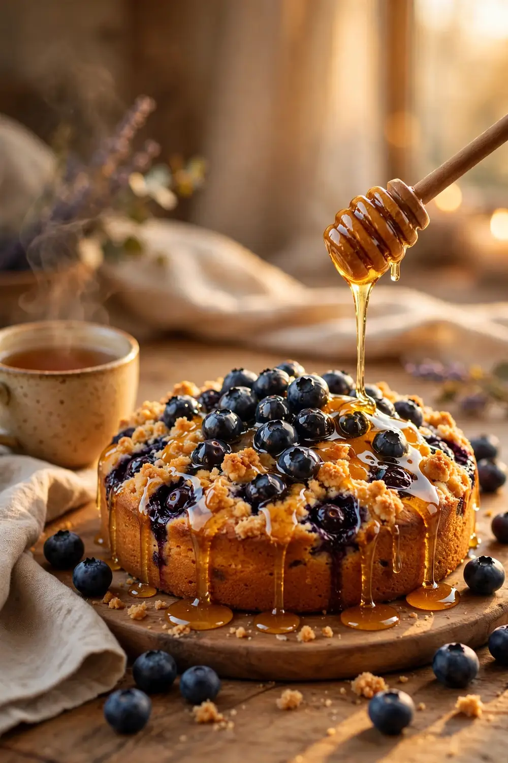 Blueberry crumb cake with honey drizzle
