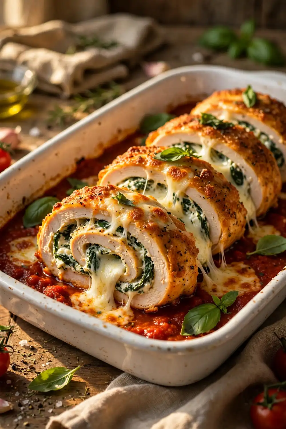 Stuffed spinach chicken rolls, an impressive chicken dinners dish