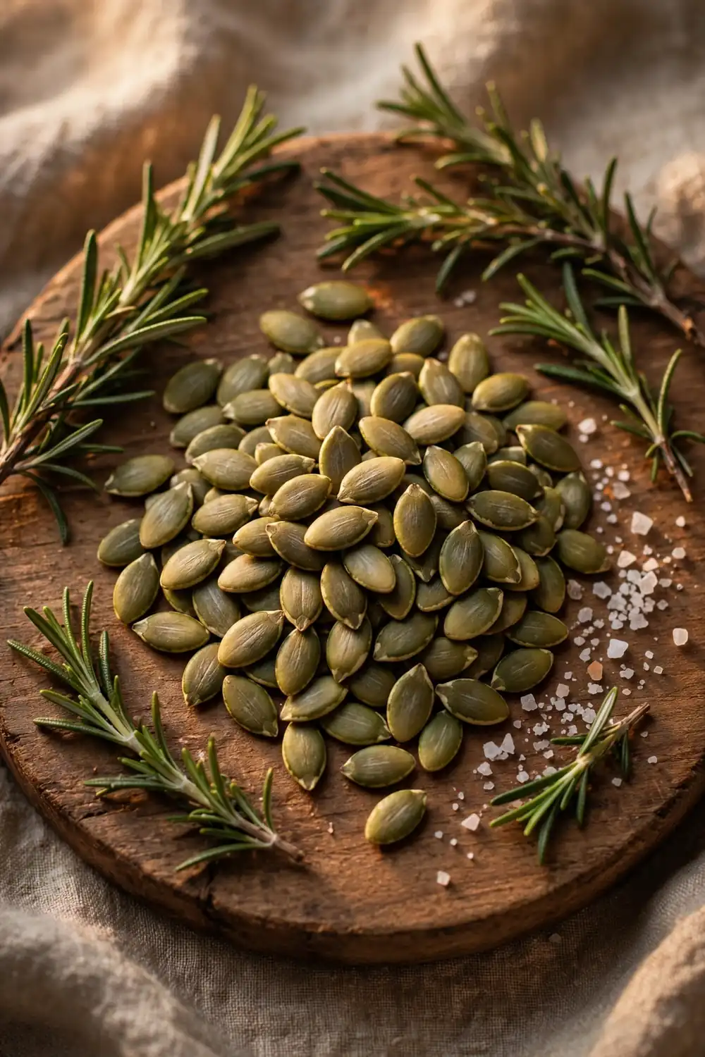 Pumpkin seeds with fresh rosemary sprigs, sea salt, wooden board, warm lighting, centered seeds.