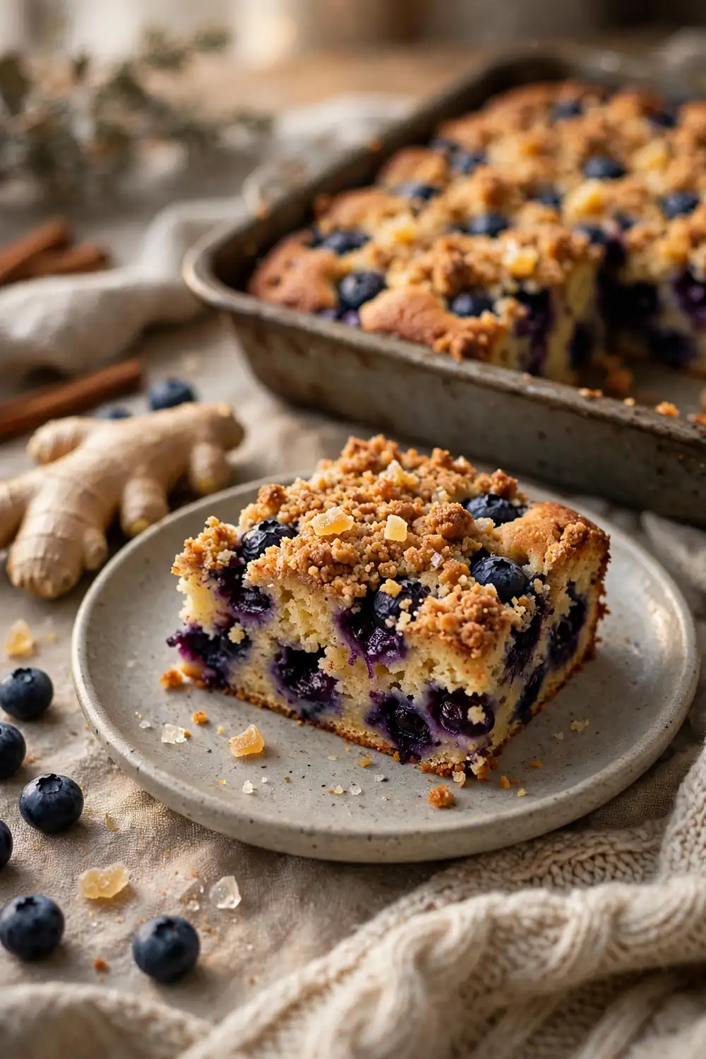 Blueberry crumb cake with ginger spice slice