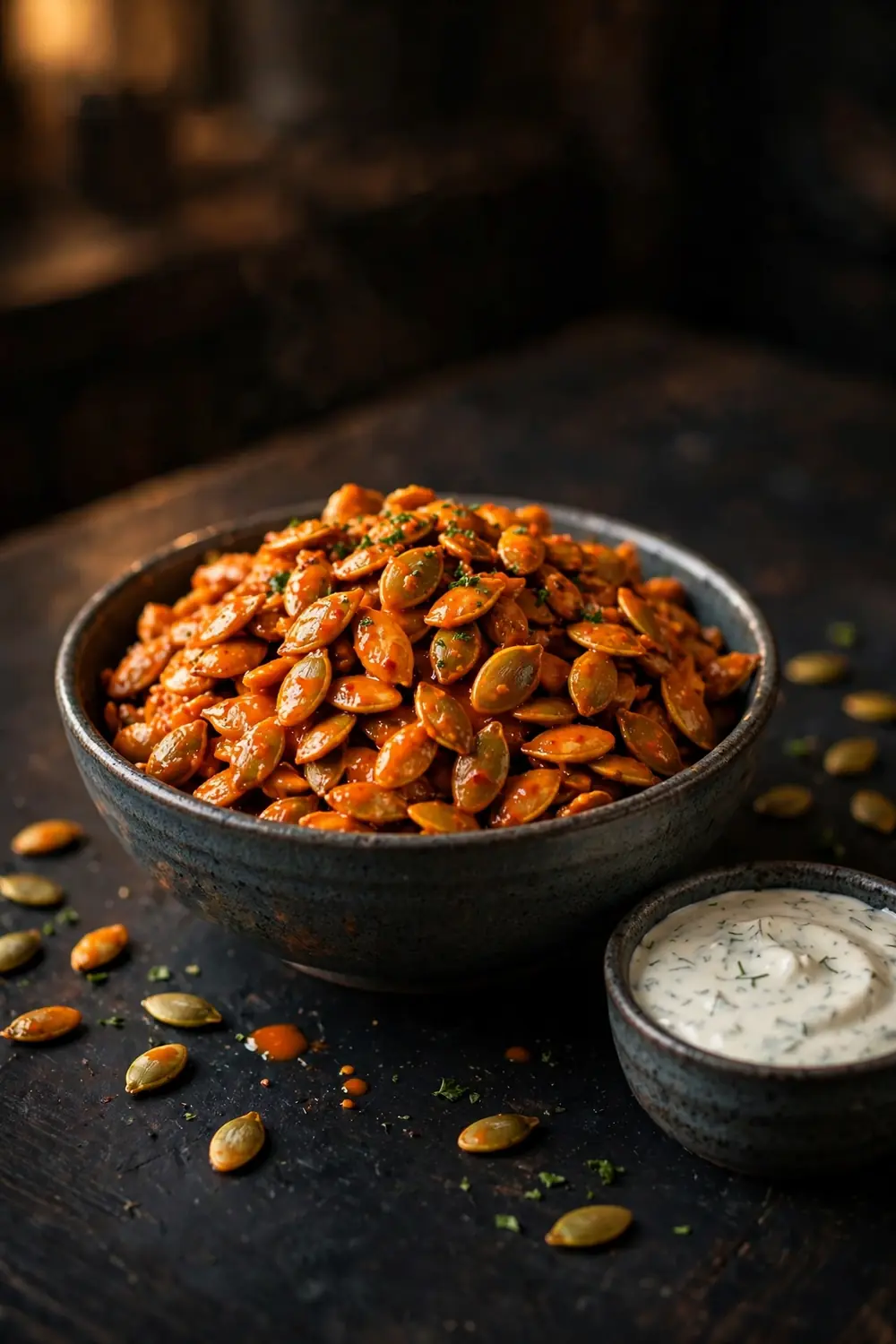 Pumpkin seeds with buffalo sauce, orange color, ranch dip on side, dark table, warm light, centered bowl.