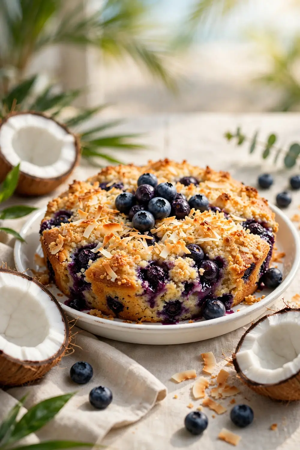 Blueberry crumb cake with coconut flake topping