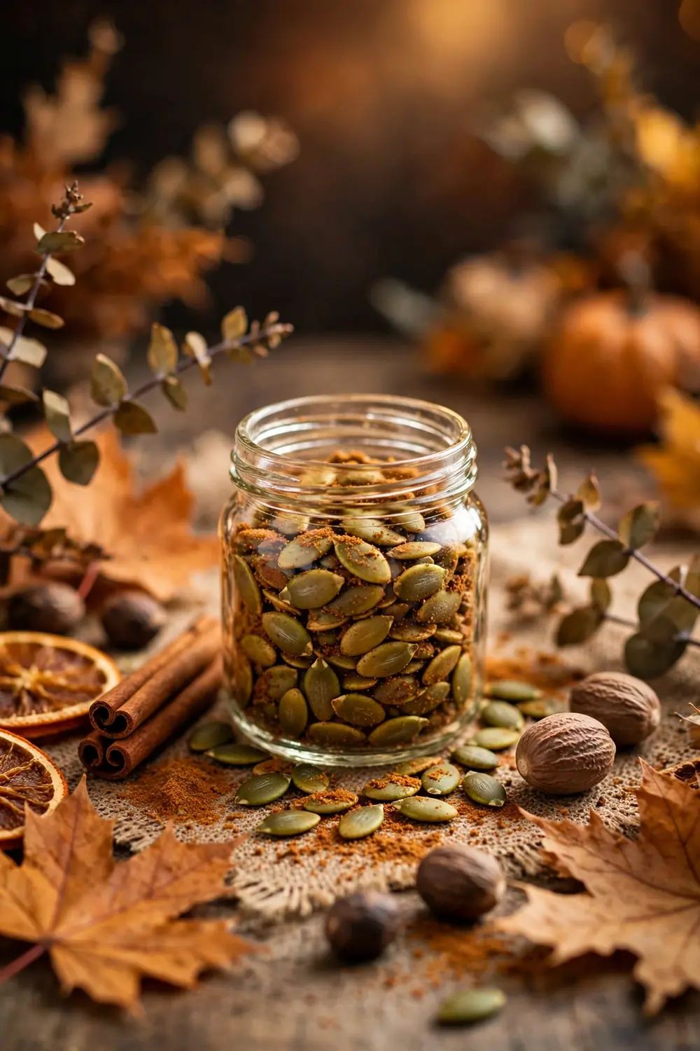 Pumpkin seeds with pumpkin spice blend, cinnamon, nutmeg, small jar, autumn decoration, warm light, centered jar.