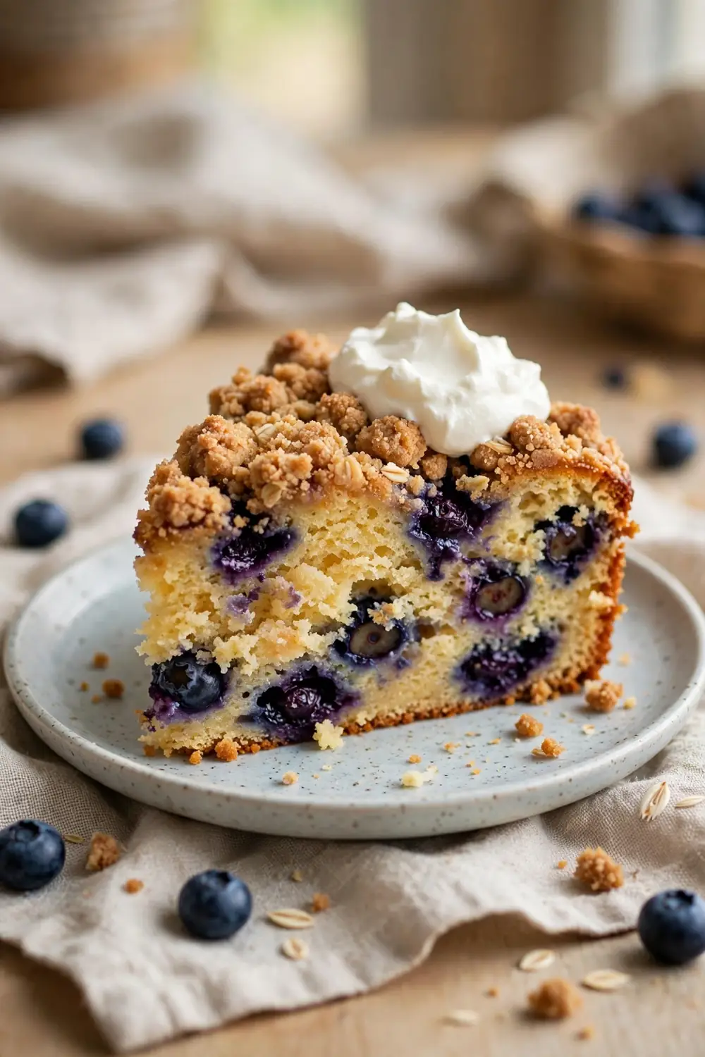 Blueberry crumb cake slice with sour cream richness