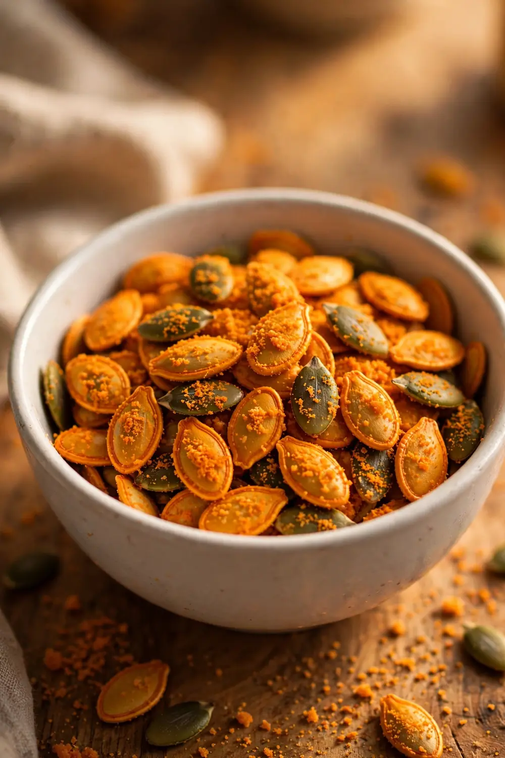 Pumpkin seeds with nacho cheese seasoning, orange color, white bowl, warm lighting, centered bowl.