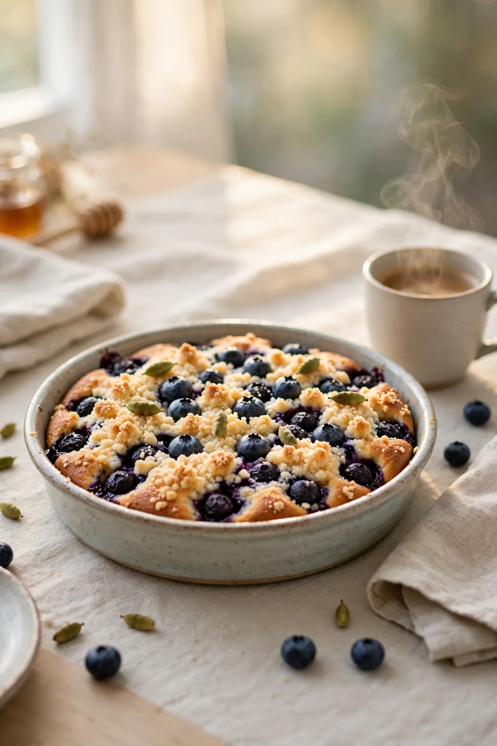 Blueberry crumb cake with cardamom for morning baking
