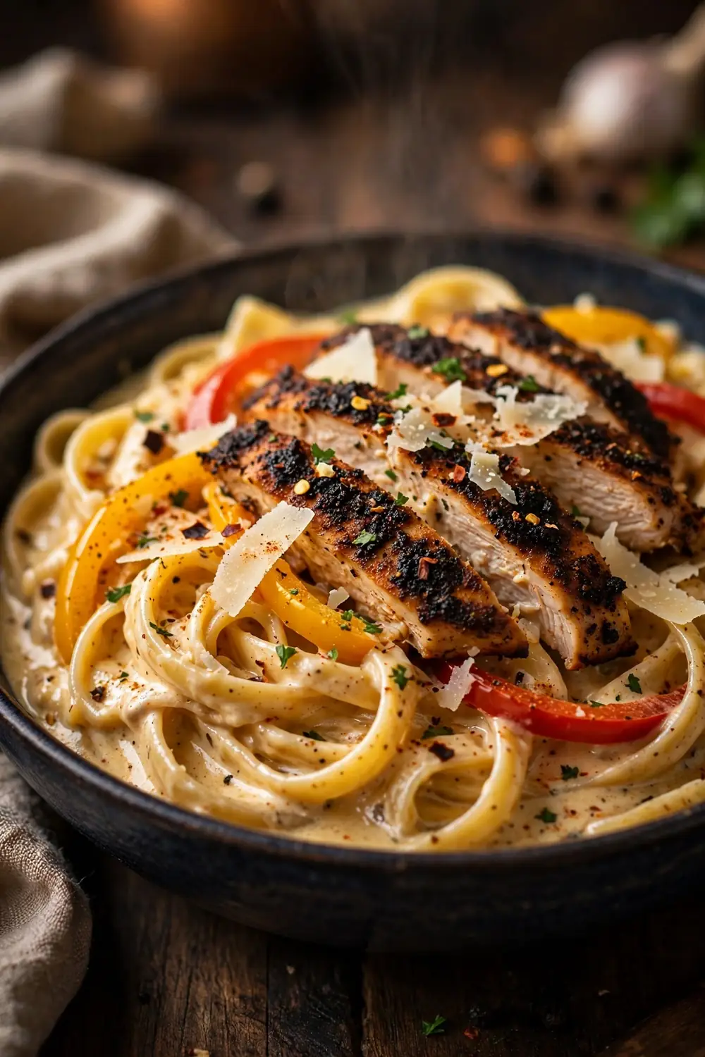 Cajun alfredo chicken pasta, a creamy spicy chicken dinners bowl