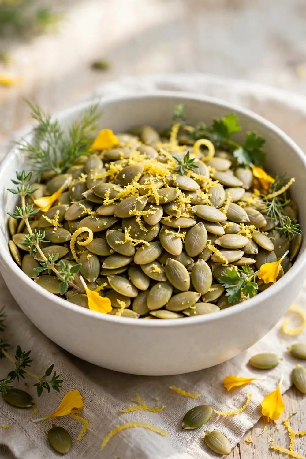 Pumpkin seeds with lemon zest, herbs, bright yellow accents, white bowl, natural light, centered bowl.