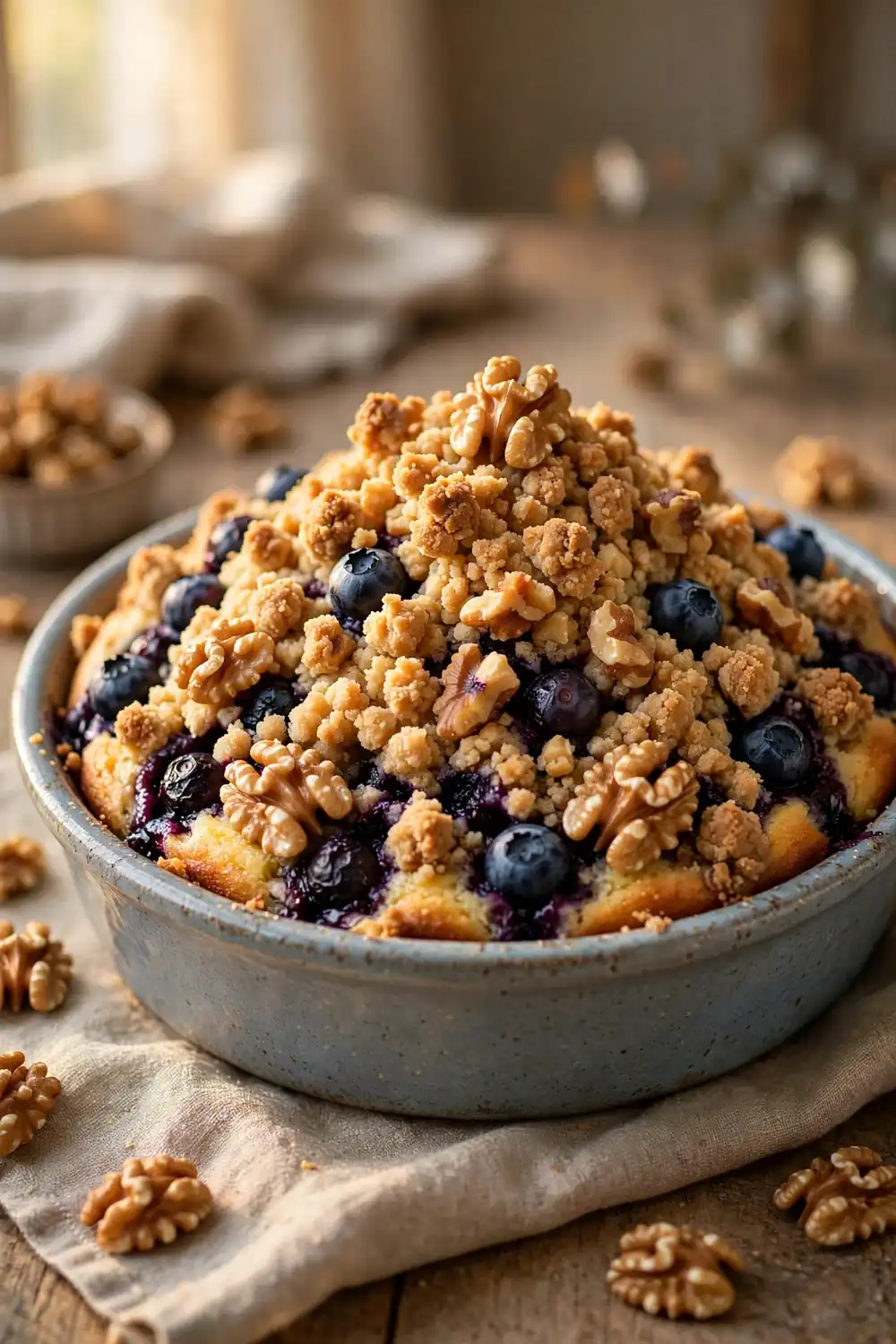 Blueberry crumb cake with walnut crumble topping