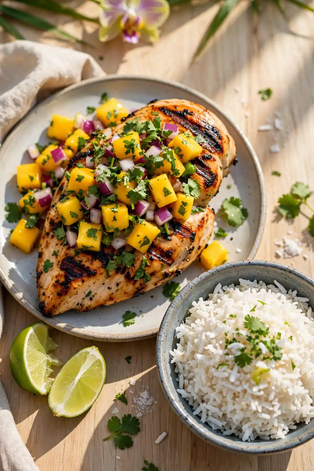 Grilled chicken with mango salsa, a fresh chicken dinners plate