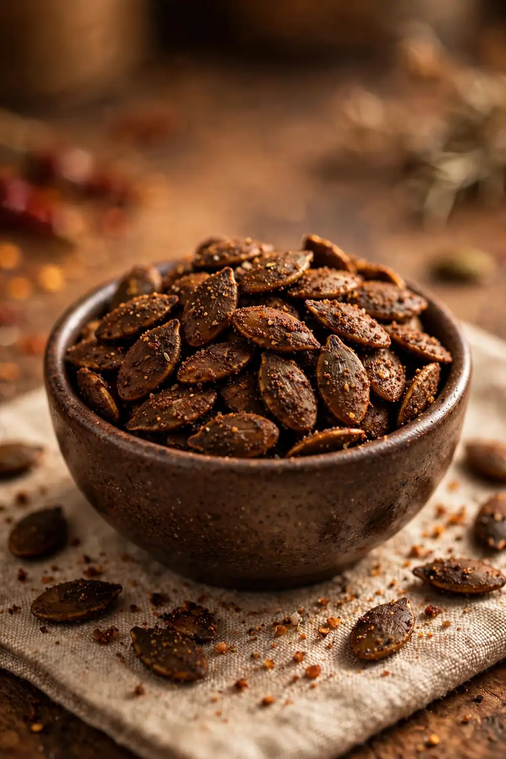 Pumpkin seeds with barbecue seasoning, smoky brown color, small bowl, warm lighting, centered bowl.