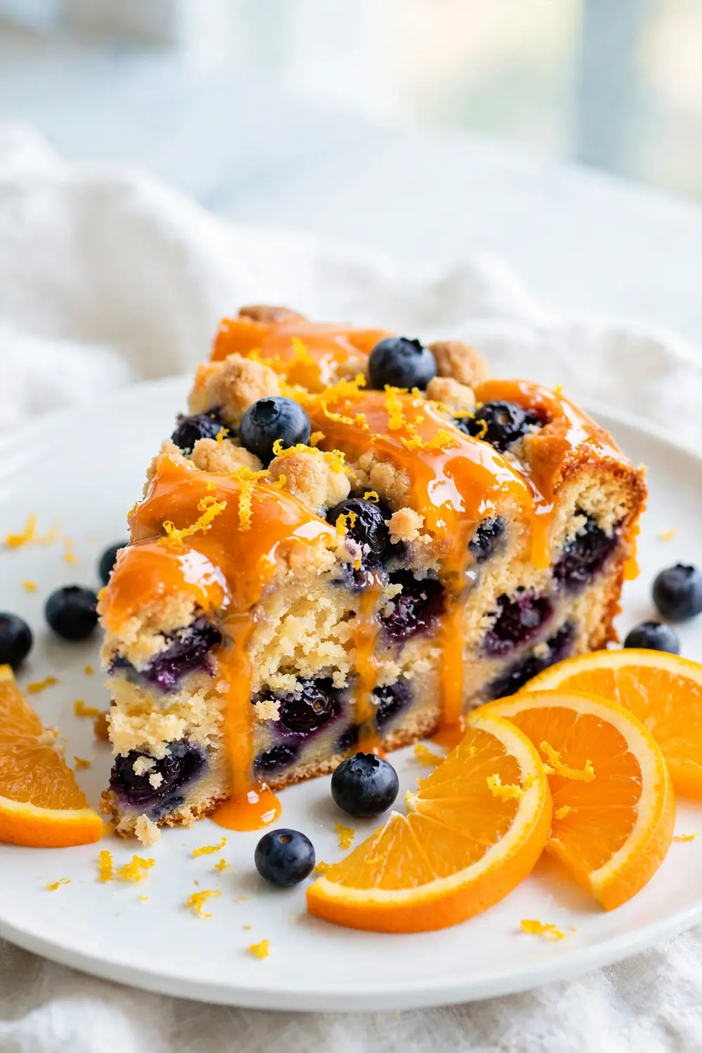 Blueberry crumb cake with orange glaze shine
