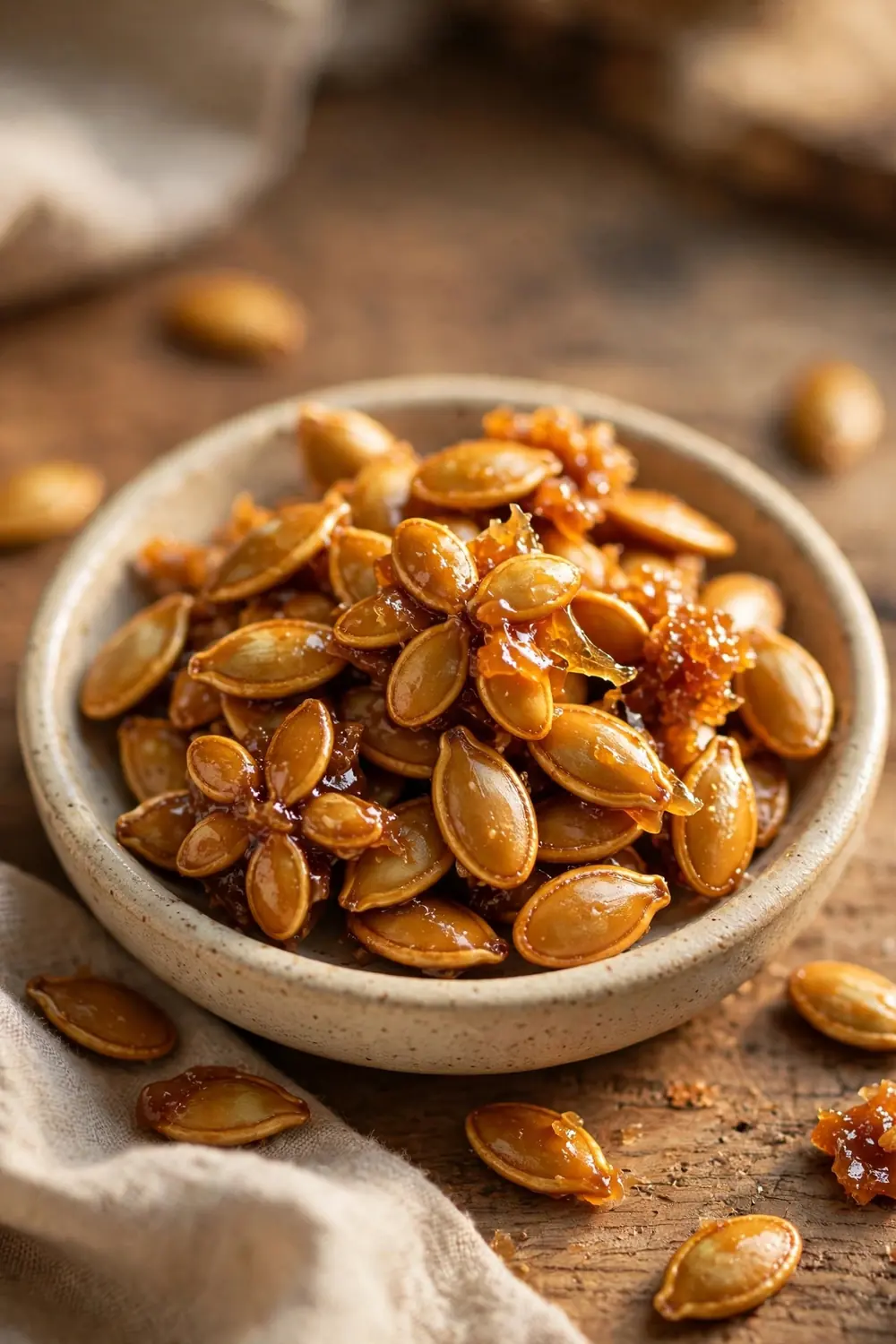 Pumpkin seeds with caramel coating, golden brown, small dish, warm lighting, centered dish.