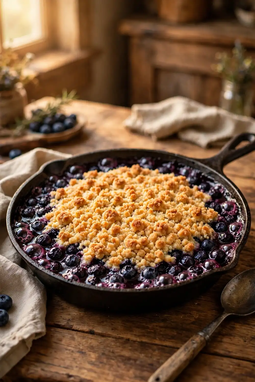Blueberry crumb cake baked skillet style in cast iron