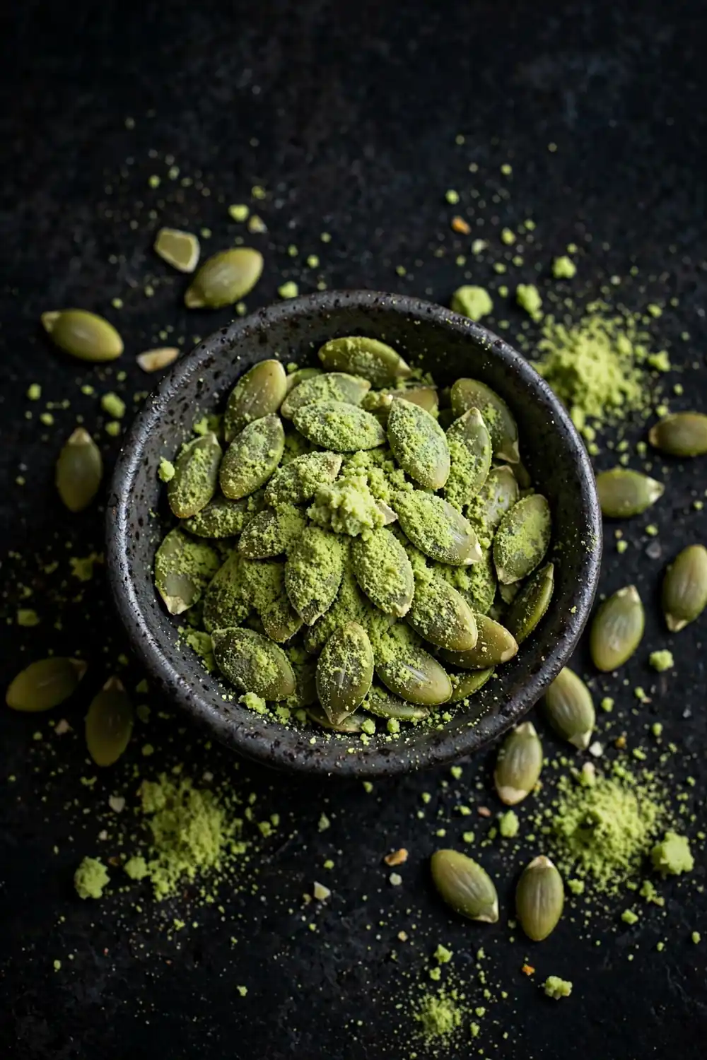 Pumpkin seeds with wasabi powder, green color, small bowl, dark background, centered bowl.