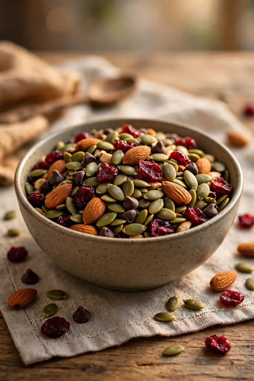 Pumpkin seeds mixed with dried cranberries, almonds, chocolate chips, in a bowl, warm lighting, centered bowl.
