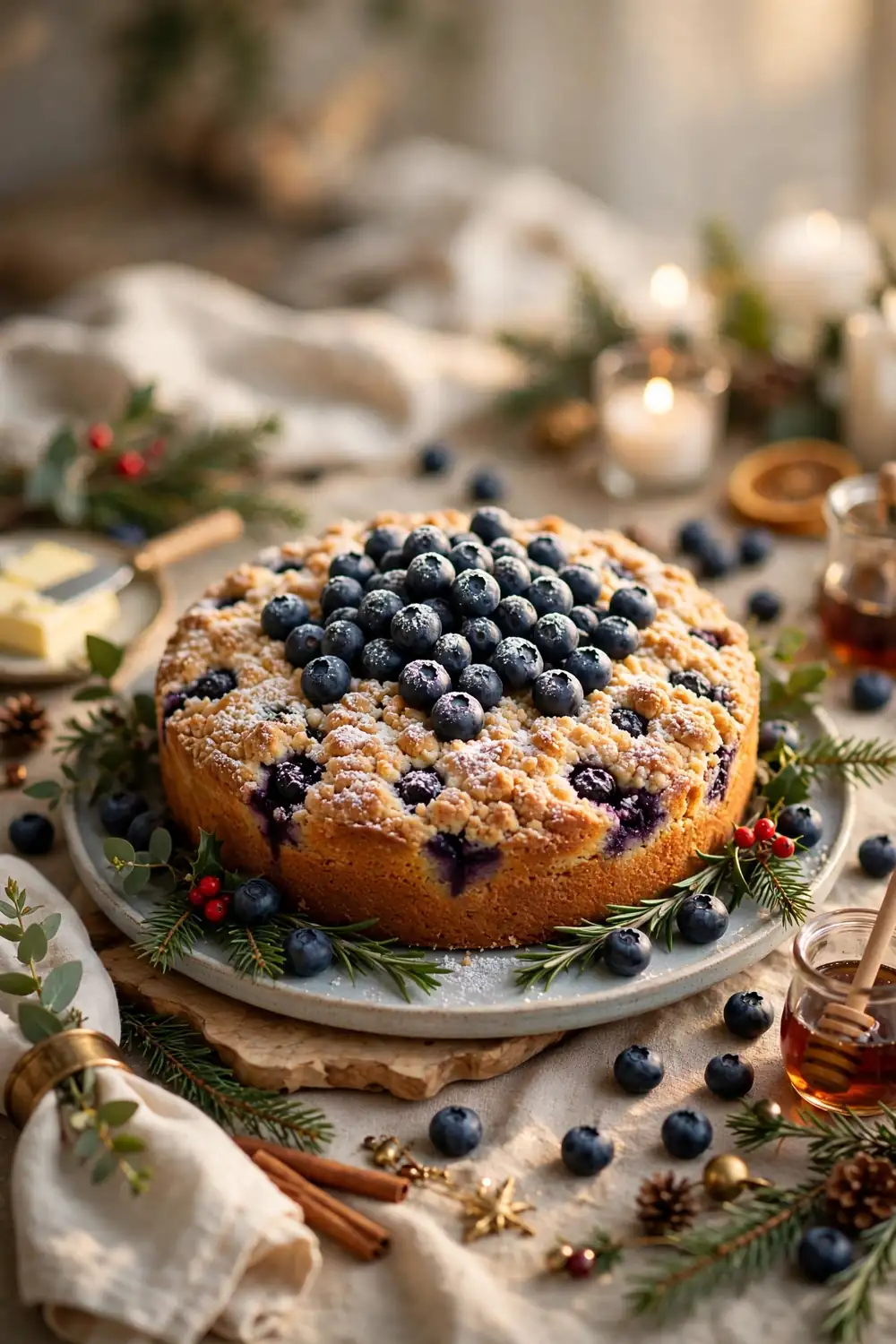Blueberry crumb cake holiday brunch centerpiece whole round cake