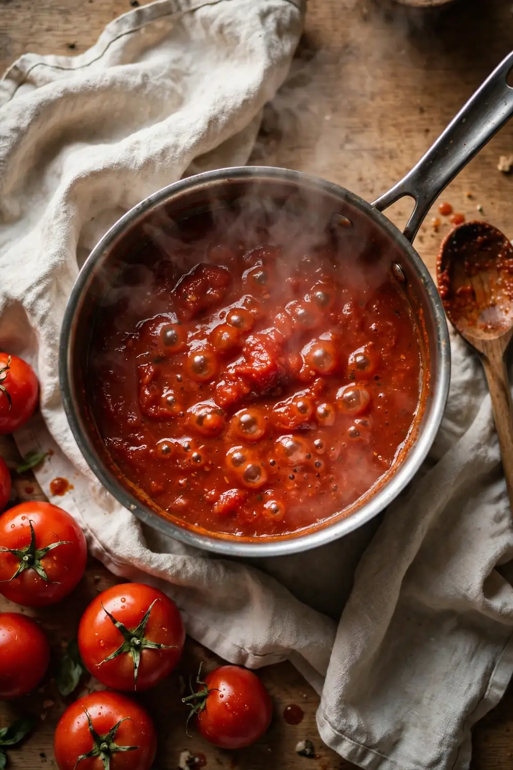 Tomato sauce simmering in a saucepan