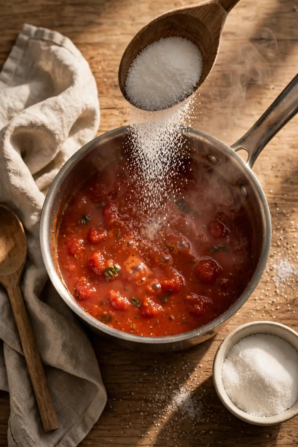 Sugar sprinkled into tomato sauce