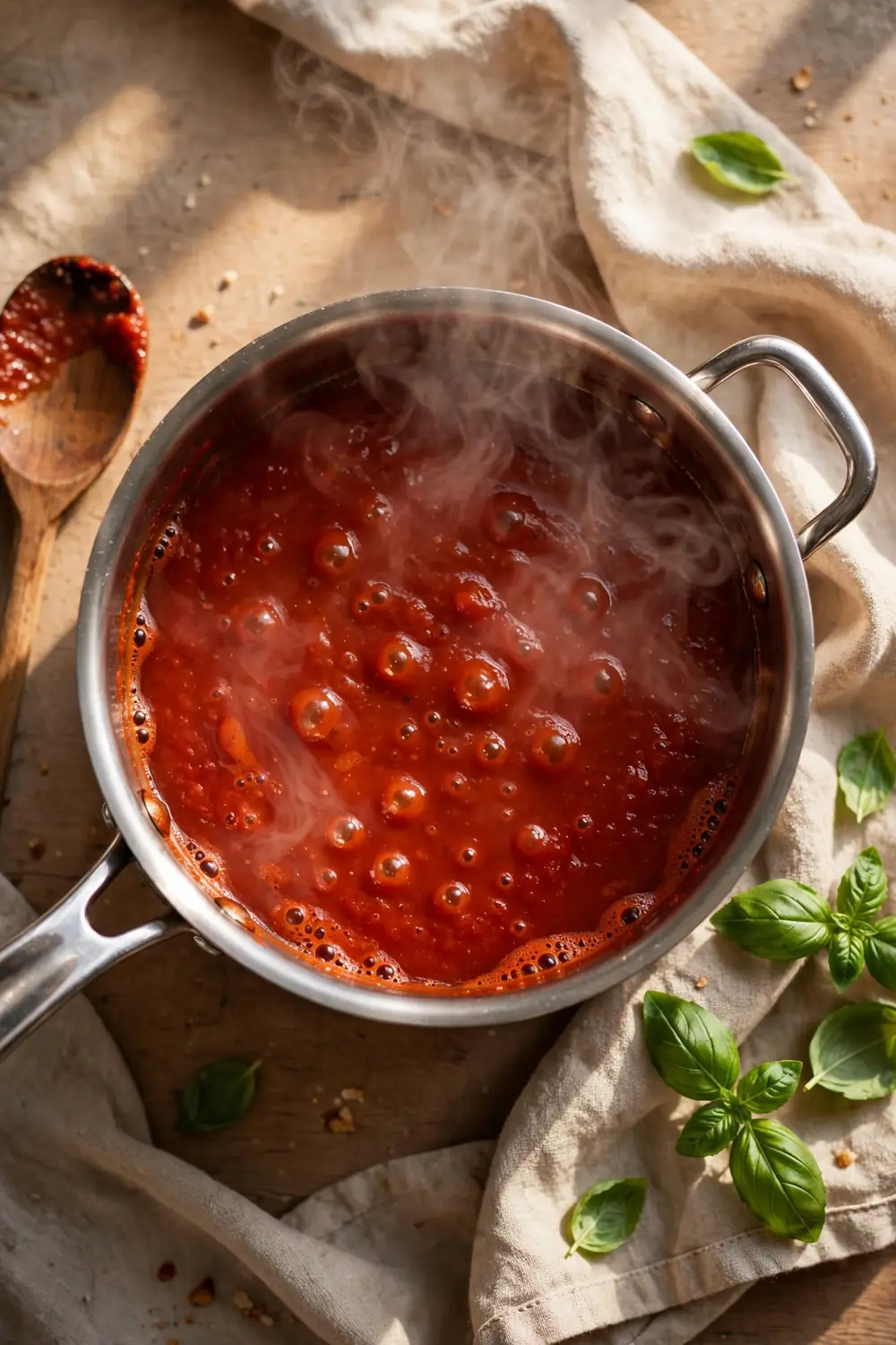 Tomato sauce simmering low in a saucepan