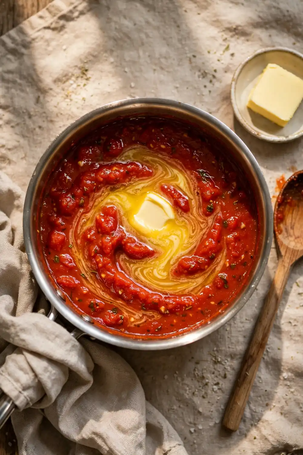 Butter melting into tomato sauce