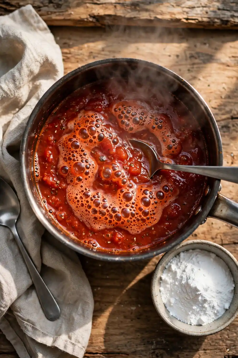 Baking soda stirred into tomato sauce