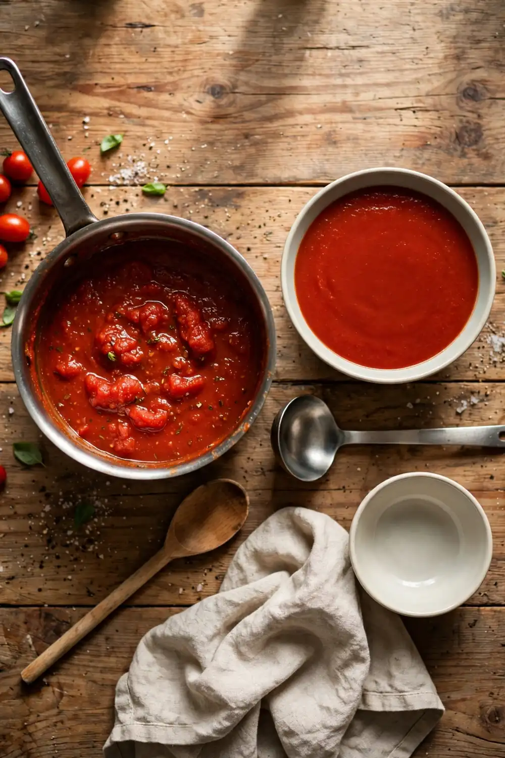 Tomato sauce beside smooth balanced tomato sauce