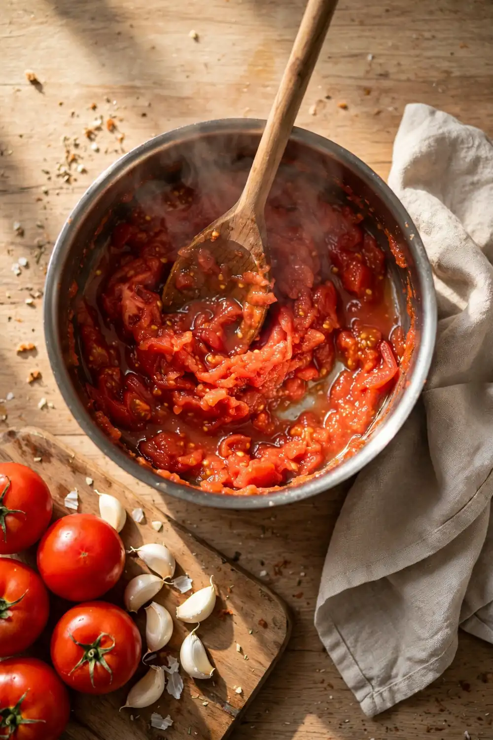 Tomatoes being crushed into a saucepan